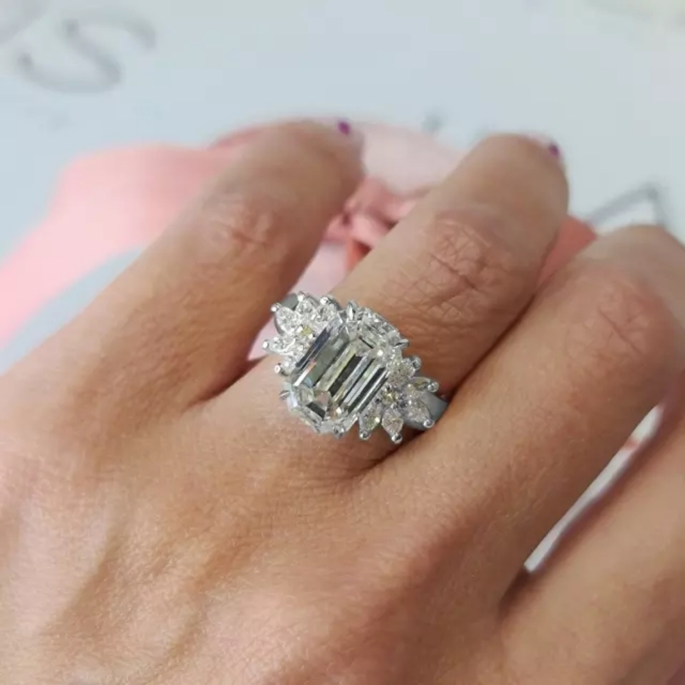 Sparkling Emerald-Cut White Diamond Cluster Ring - Women Jewelry - Picture 4 of 4